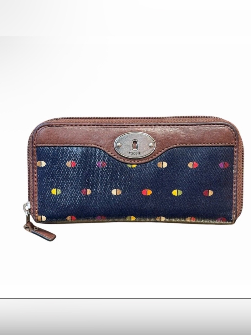 Fossil Key-Per Zip Around Dot Print Wallet In Navy Blue And Brown